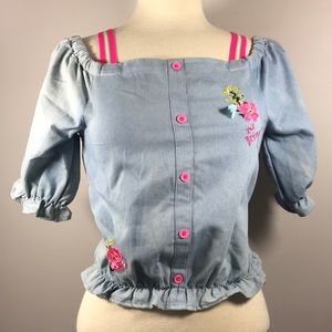Betsey Johnson Denim off shoulder top embroidered sport strap Crop XL